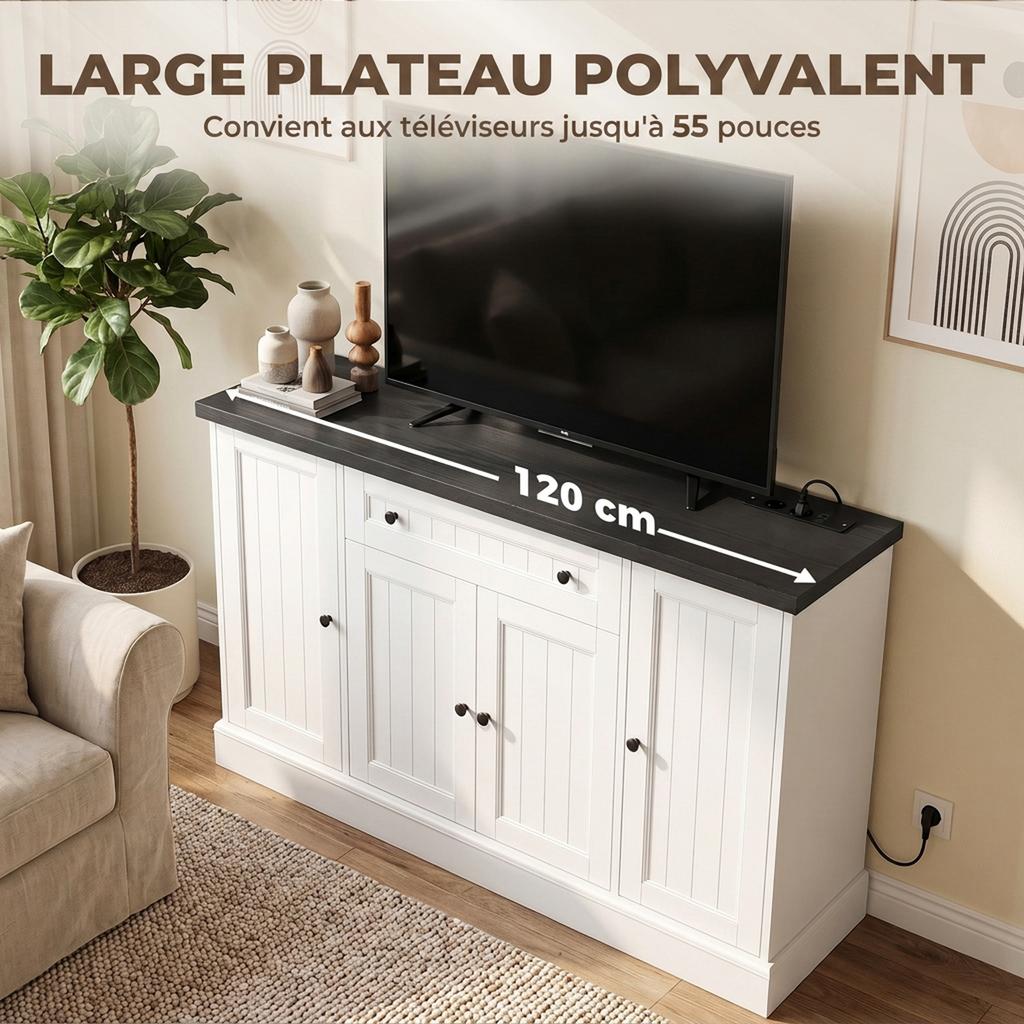 Living Room Buffet with Charging Station, 120 x 40 x 80 cm, White and Black