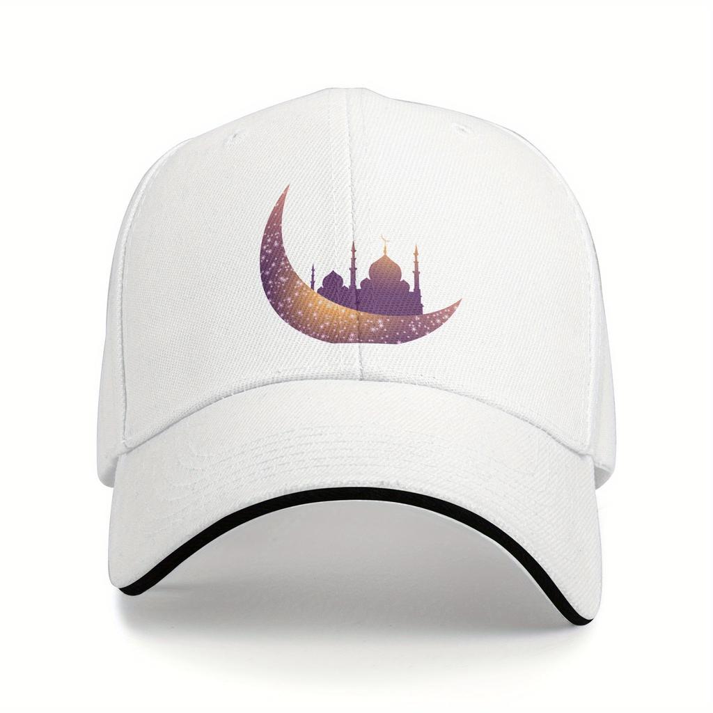 Islamic Crescent Moon Mosque Silhouette Baseball Cap Adjustable Polyester Casual Muslim Hat for Men and Women