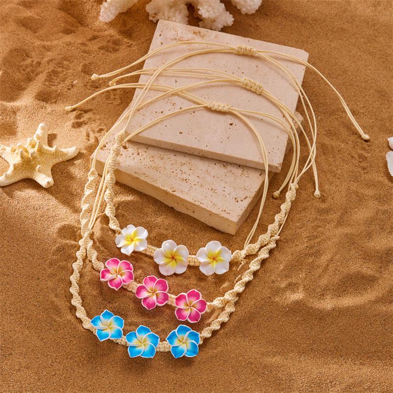 Bohemia Polymer Clay Beaded Flower Necklace for Women Handmade Woven Rope Chain Choker Necklace Summer Beach Jewelry Accessories