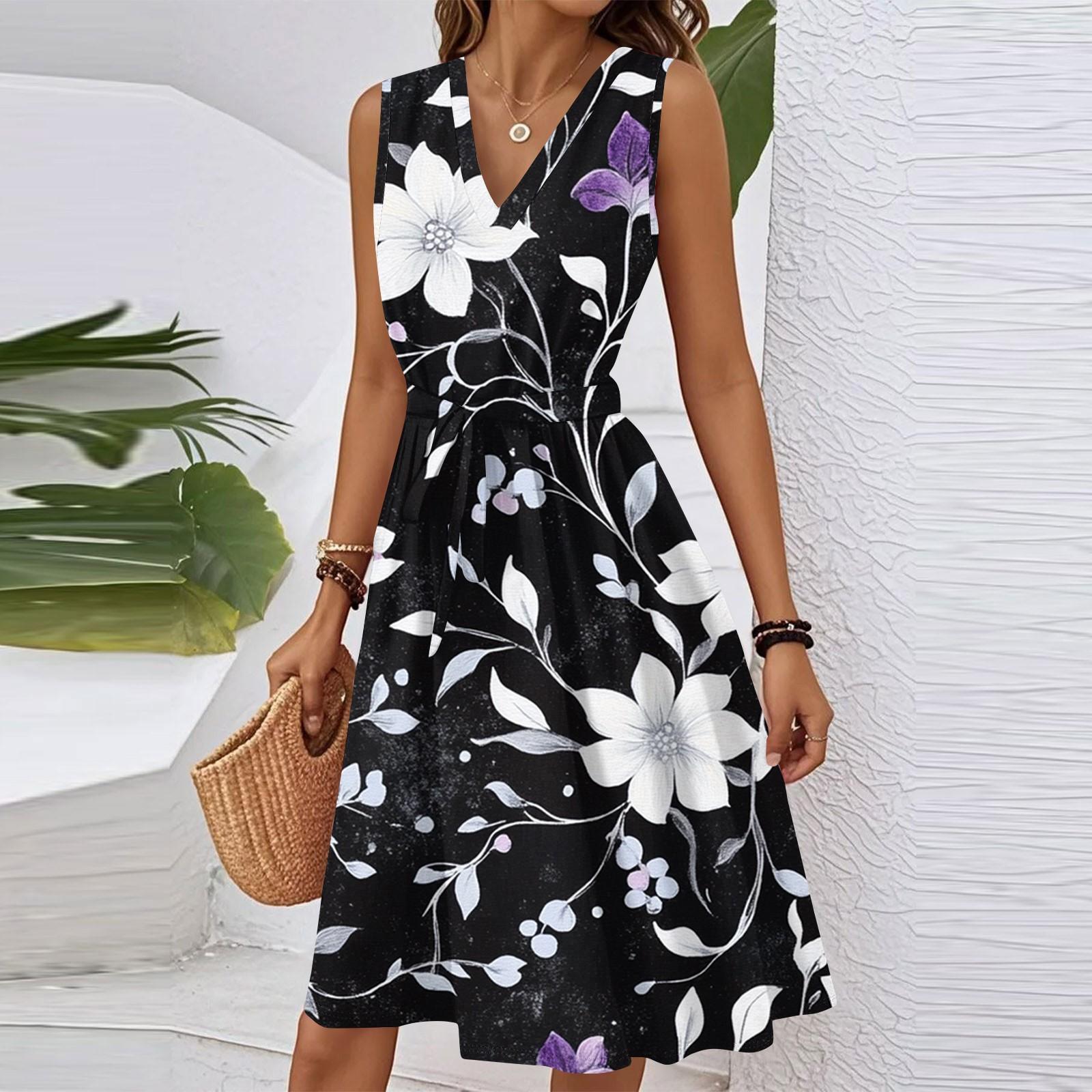 

Women s Summer Fashion Loose V-Neck Sleeveless Lace-Up Floral Print Dress XL чорний
