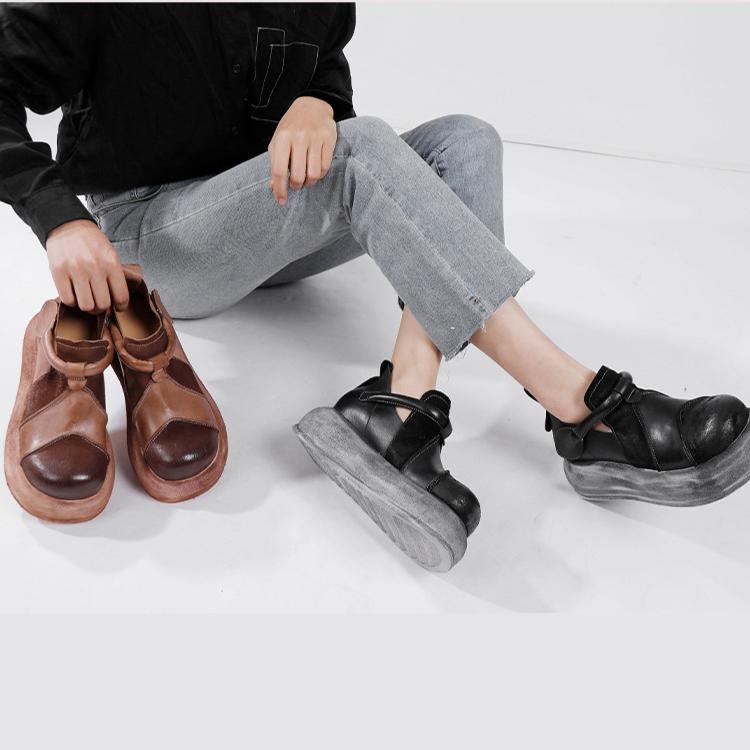 Johnature Flache Plateauschuhe aus echtem Leder für Damen, vielseitige Vintage-Schuhe mit runder Zehenpartie und dicker Sohle