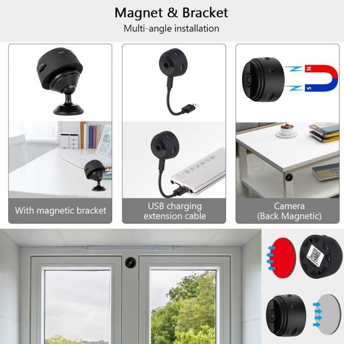 Mini Camera Espion - HD 1080P - WiFi sans Fil - Vision Nocturne - Detecteur de Mouvement - Noir