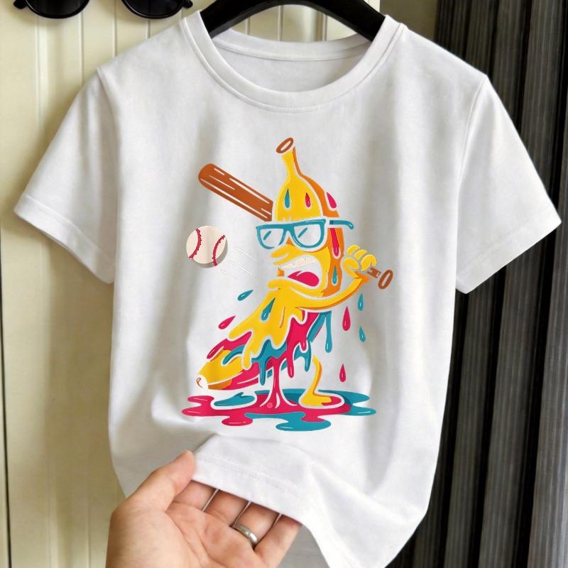 Boys Colorful Banana Baseball Print Crewneck Short Sleeve Tee, 110 белый