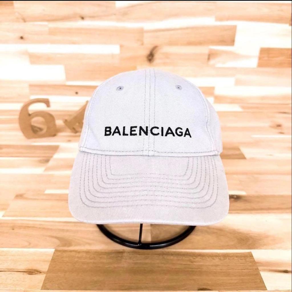 Used [Balenciaga] Light gray denim embroidered logo baseball cap black logo