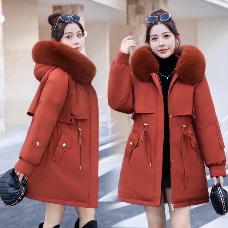 Winter Clothing with Large Fur Collar, Medium To Long Style, Overcoming Cotton Jacket, Women's Fashionable Plus Velvet Cotton Jacket