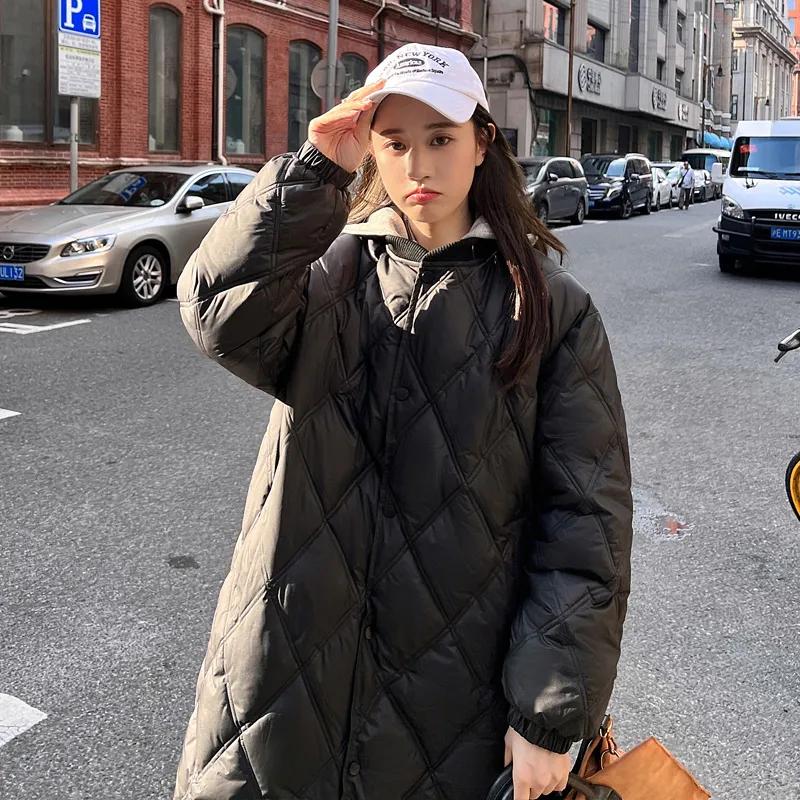 Women's Autumn and Winter Diamond-Patterned Long Lightweight Jacket, British Style Mid-Length Coat, Korean Style Hooded Warm Jacket