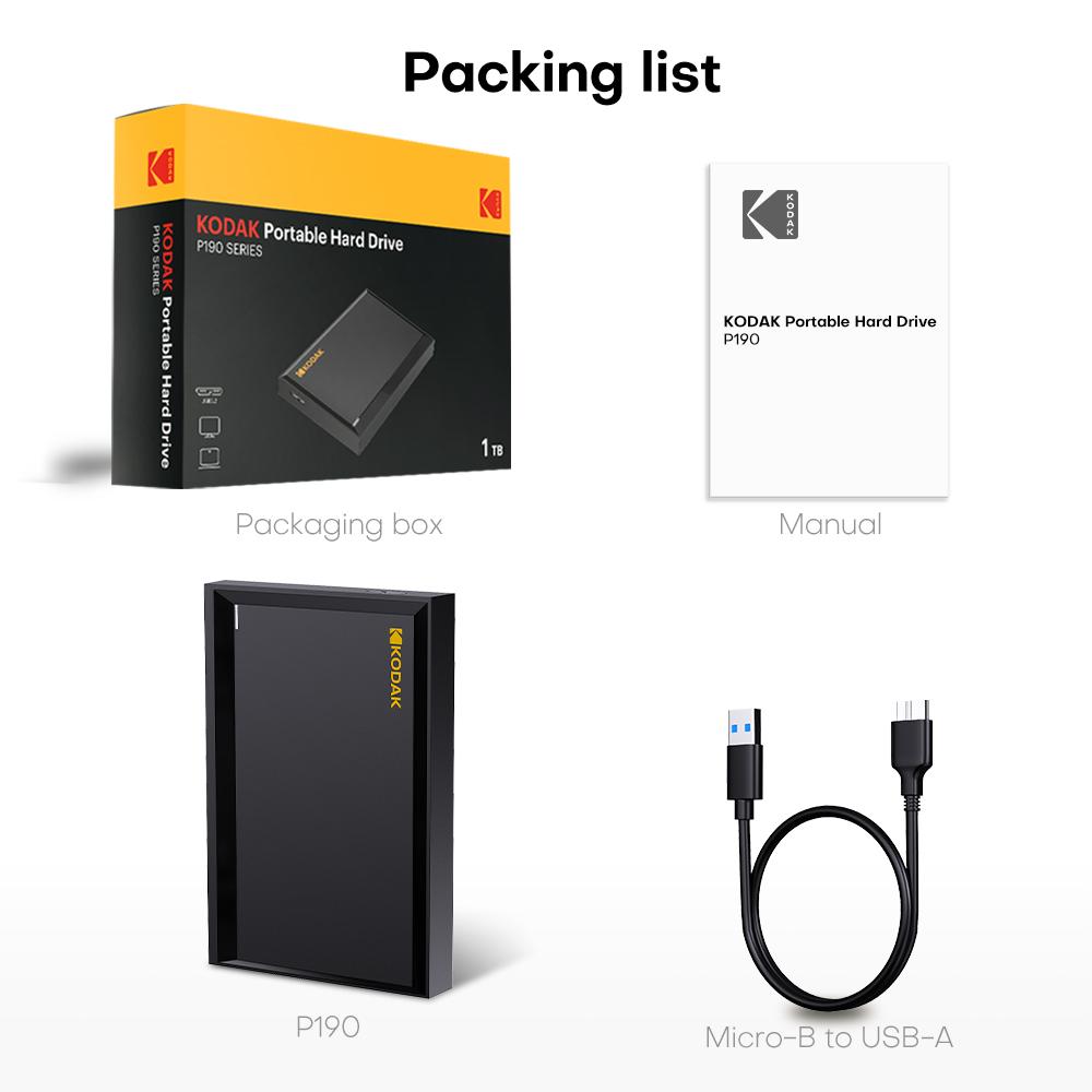 Kodak P190 Portable External Hard Drive HDD 500GB 1TB 2TB USB 3.0 Mechanical Mobile Disk for PC Laptop Gaming Storage
