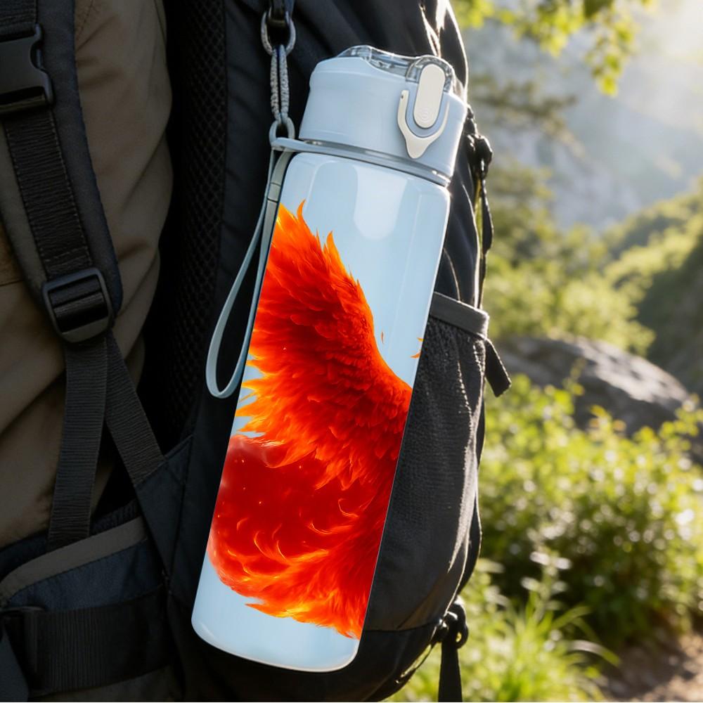 1PC Burning Red Phoenix Bird Fantasy Print 750ml Color Plastic Sports Water Bottle Leakproof Flip Straw Lid Suitable for Sports Office Home Use