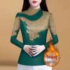Mom's Autumn/Spring Long Sleeve Semi-High Neck Fleece Lined Shirt - High-End Print Tummy Covering T-Shirt Top