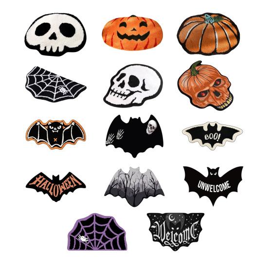 Halloween Welcome Doormat Half Circle Spider-Web Bat Skull Pumpkin Shape Floor Mat Non-Slip Entrance Mat for Front Door Porch Home Decoration
