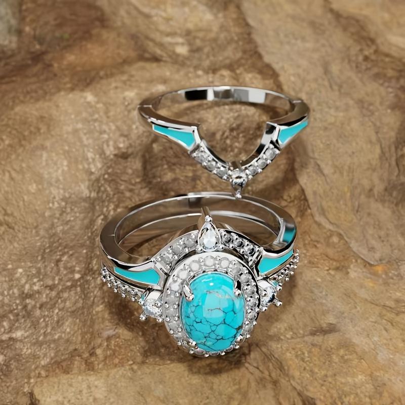 Bohemian vintage inlaid blue synthetic zircon three-piece women s ring set suitable for parties, banquets, and various occasions 5