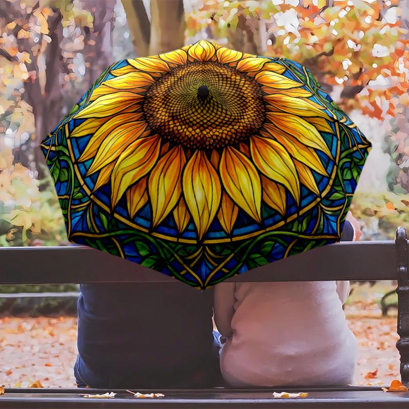 Retro Sunflowers Printed Umbrella Windproof Folding Umbrella Portable Sun and Rain Umbrella Suitable for Gifting