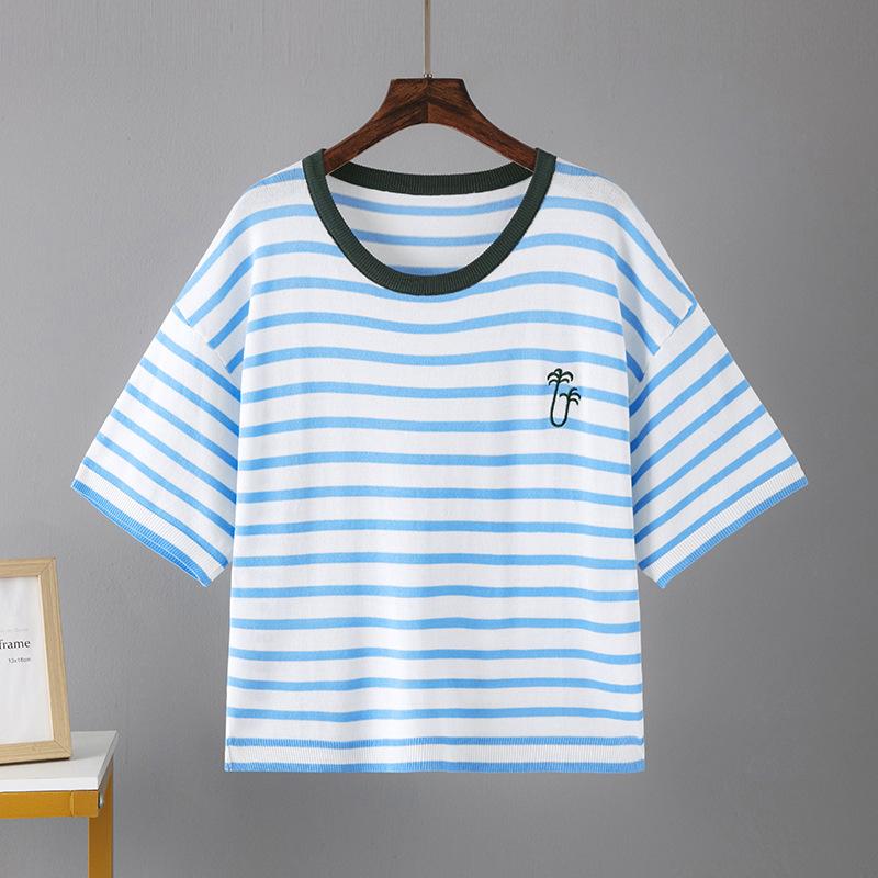 

Летняя женская футболка больших размеров из ледяного шелка в полоску ярких цветов, свободные топы с короткими рукавами и круглым вырезом 4XL синий