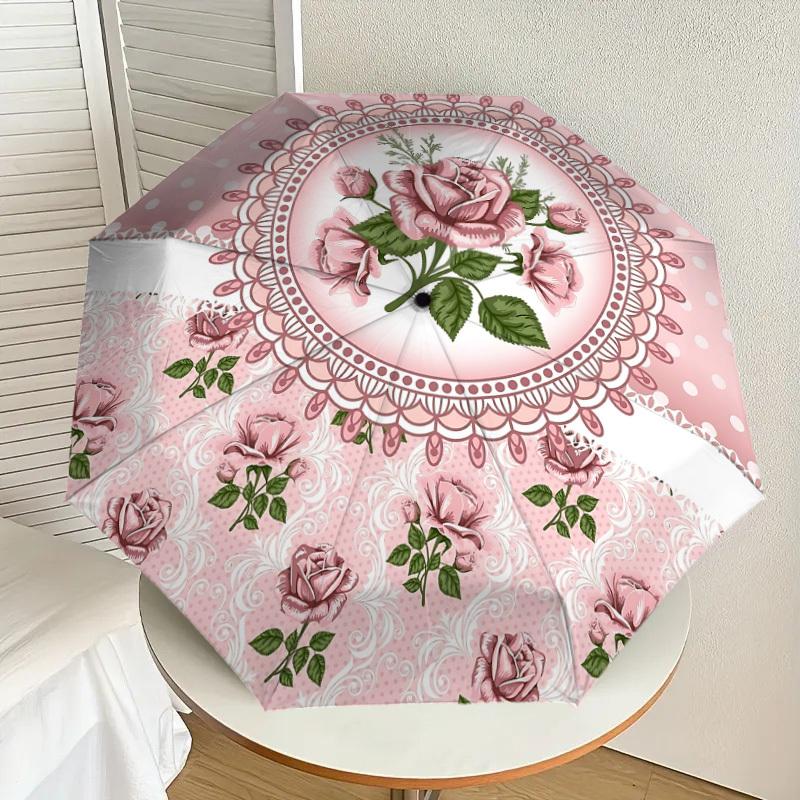 1PC Rose LaceAutomatic Open/Close Umbrella with Windproof, 8-Rib Sturdy Canopy, Durable Ribs, Fashionable Design1268A