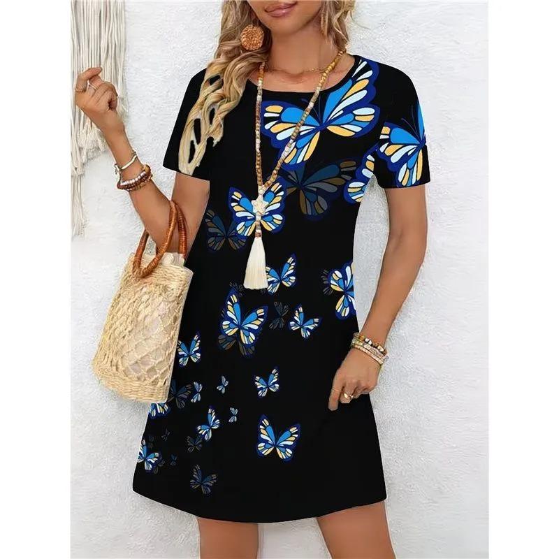 Summer Ladies 3D Printed Short Sleeve Dress Fashion Versatile Trend Breathable Casual