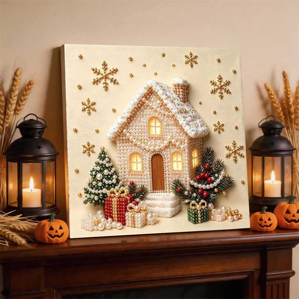 Framed Pearl Bead Art Set with Winter Christmas House DIY Sparkling Canvas Painting Relaxing Hobby Gift for Meditation Room Decoration