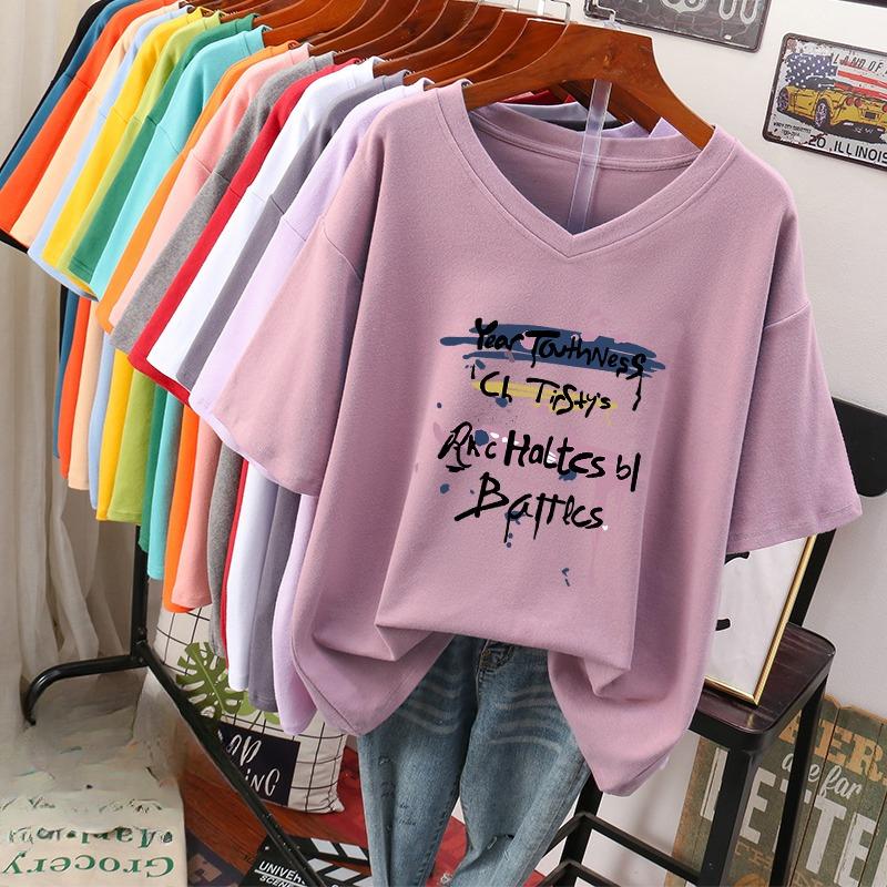 Camiseta de manga curta, Solta, Top V-neck Estampado Emagrecedor para Mulheres