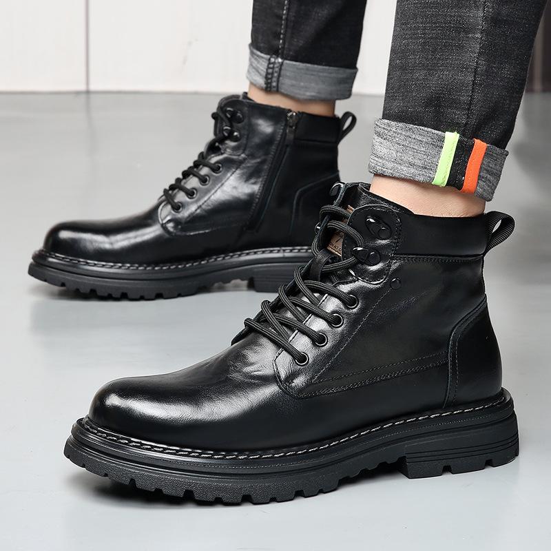 Autumn Winter Cow Leather Boots for Men Anti-slip Thick-soled Fleece Warm Men's Shoes New Designer Platform Fashion Work Boots
