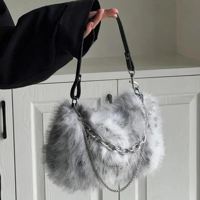 

Gradient Chain Plush Backpack Punk Cute Exquisite Autumn and Winter Shoulder Bag Fashion Casual Fluffy Luxury Female Handbag