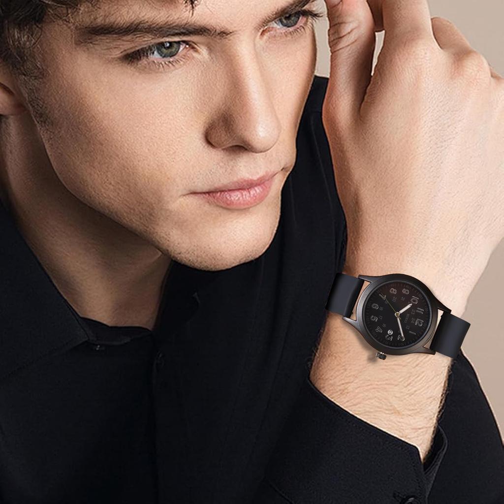 BUREI Quartz Analog Simple Date Silica Gel Popular Gift Men's Watch, Design, Black, Display, Waterproof, Luminous, Lightweight, Strap, Unisex,
