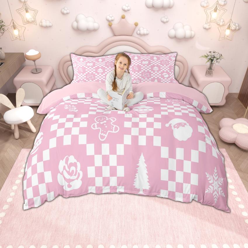 Homewish Merry Xmas Bettbezug-Set für Jungen Mädchen, Weihnachtsbaum Rentier Bettwäsche, Kawaii Schneemann Weihnachtsmann Bettdeckenbezug-Set