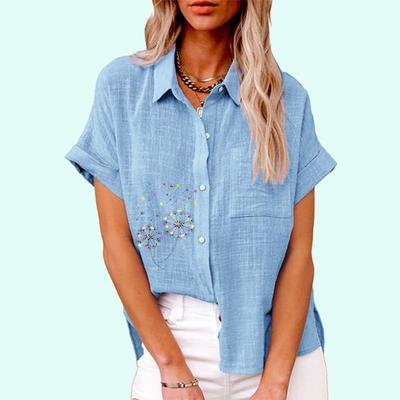 Damenmode Blumenmuster T-Shirt Sommer Lässig Reverskragen Oberteil mit Tasche Herbst Locker Kurzarm T-Shirt Damen Lässige Leinenblusen