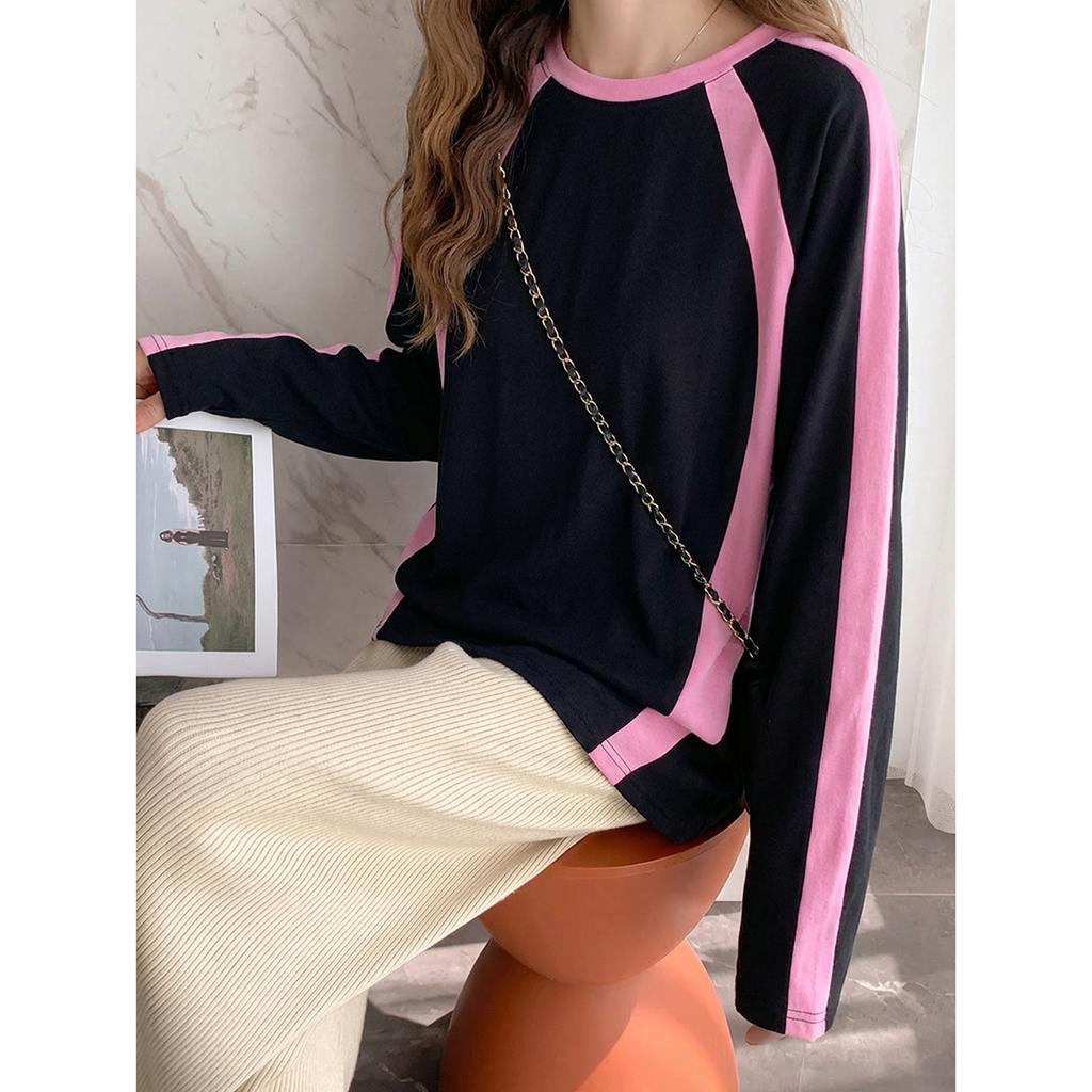 Sweet and cool style contrasting long-sleeved T-shirt for women