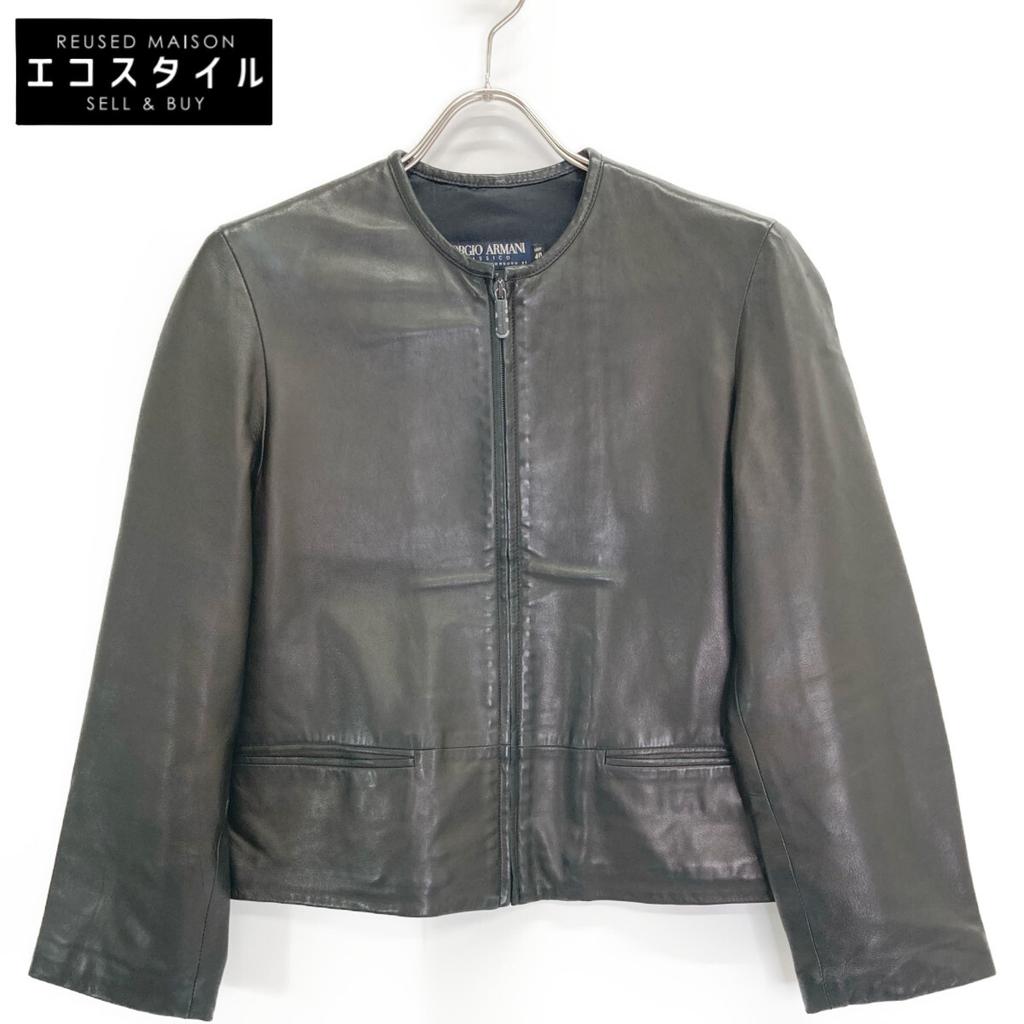 Giorgio Armani Black Navy Tag Leather Collarless Zip Jacket Jacket 40 blackUsed