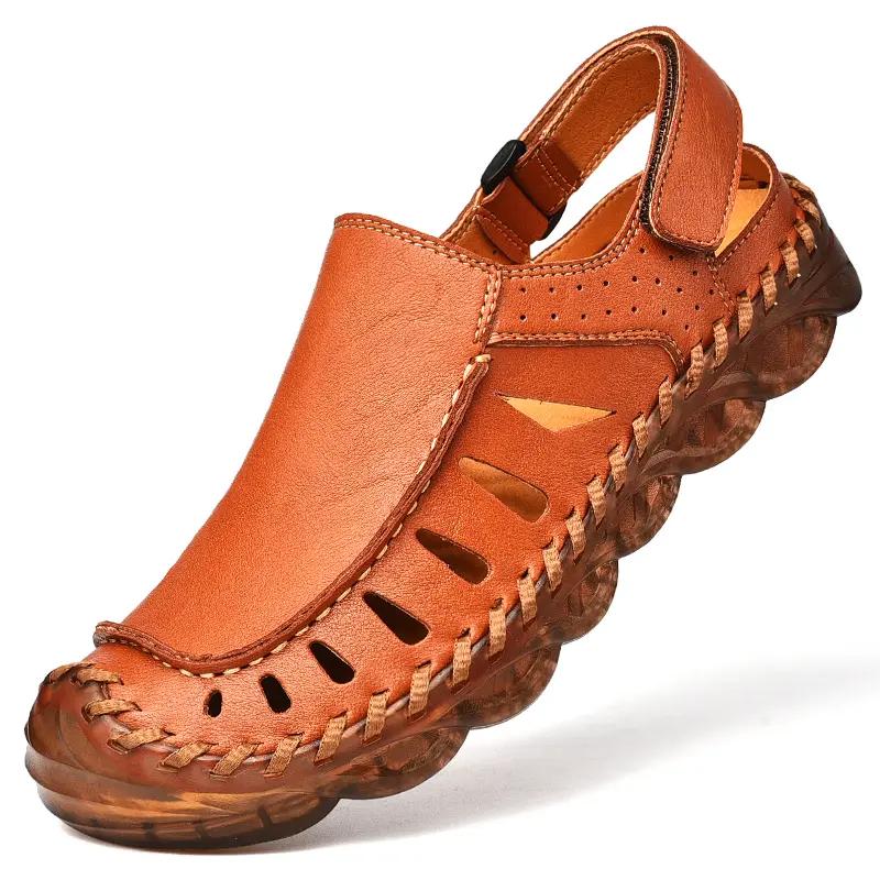 

Летние мужские кожаные сандалии, дышащая пляжная обувь ручной работы, сандалии больших размеров 46 коричневый