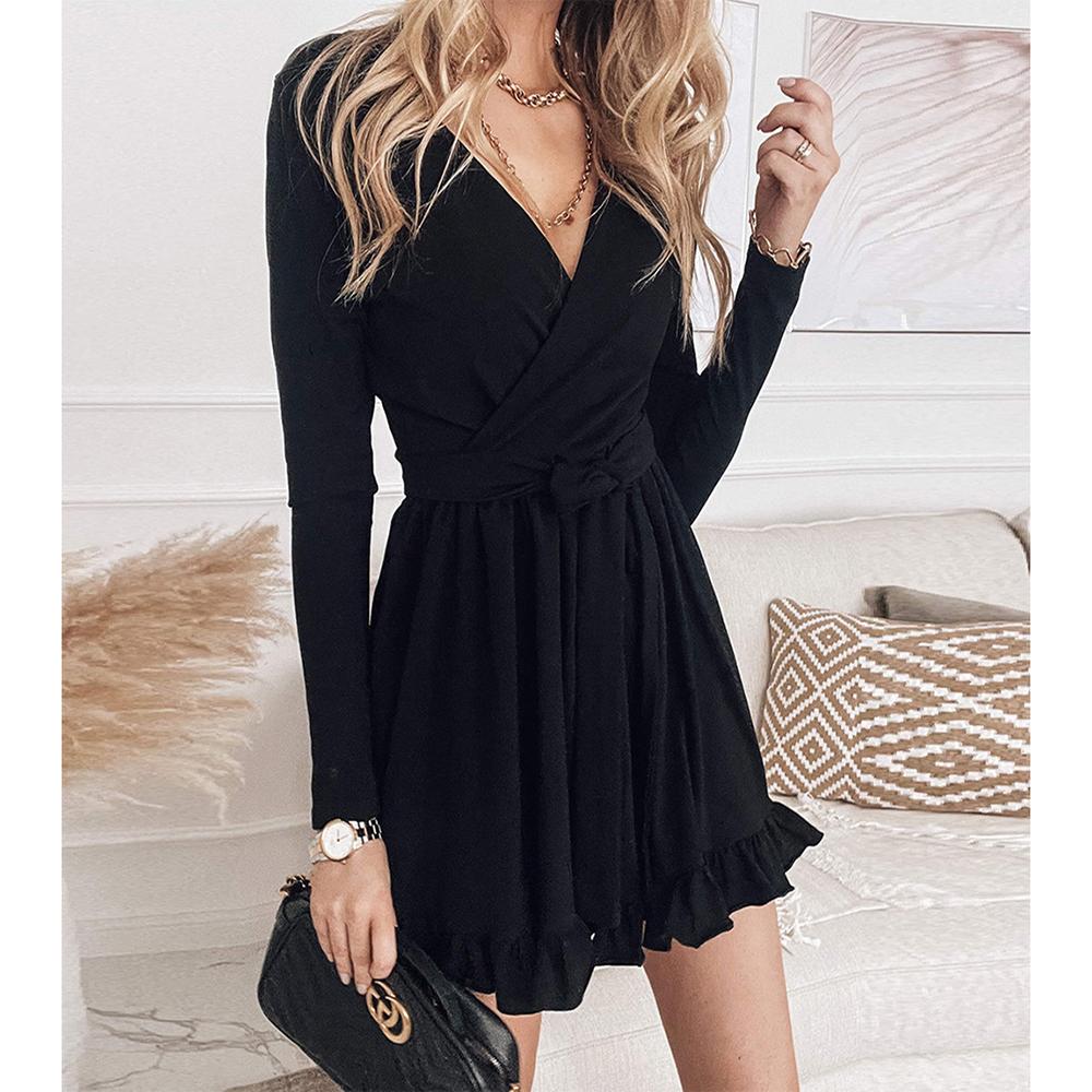 

Новое женское однотонное платье с кружевом, V-образным вырезом, длинными рукавами и оборками для осени и зимы XXXL чёрный