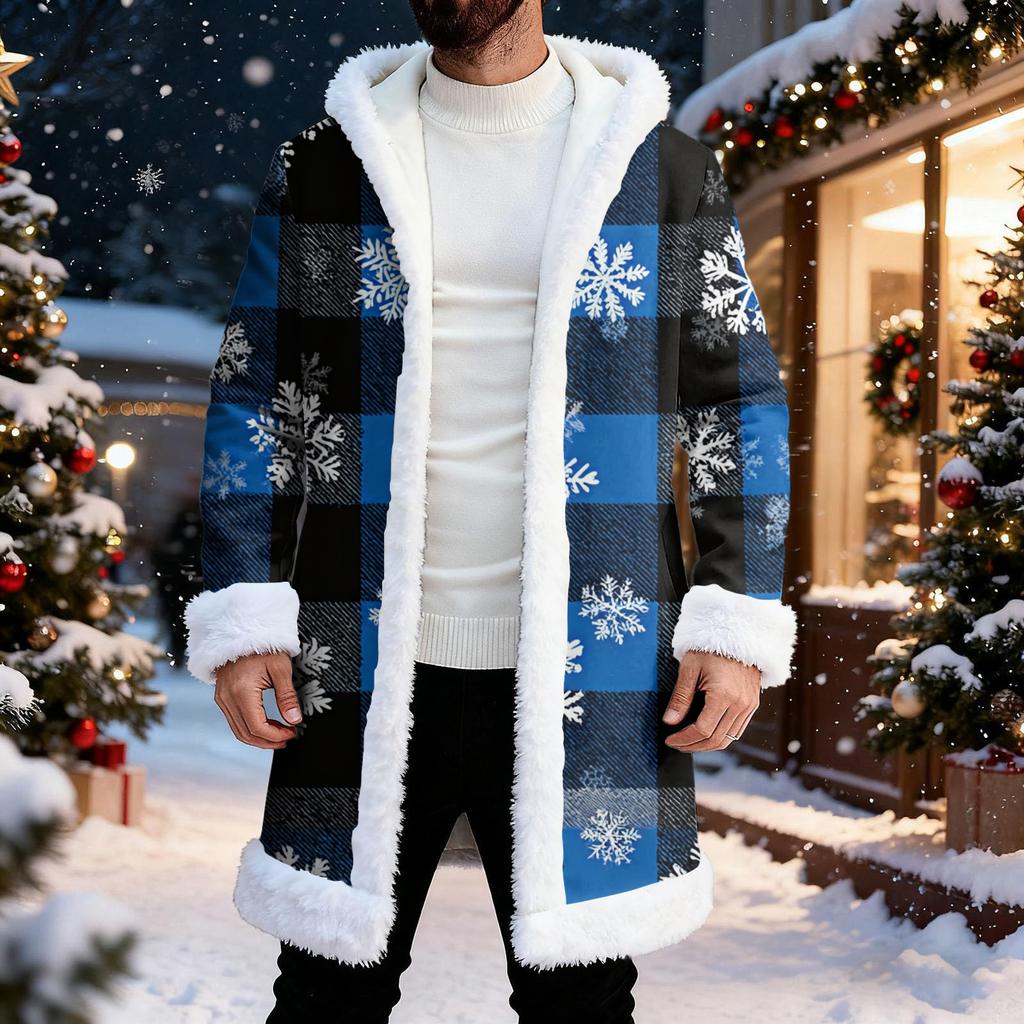 Men's Christmas Long Hooded Cardigan With Pockets Warm Jacket