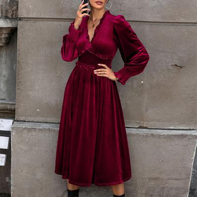 Mode Frühling Herbst Langarm V-Ausschnitt Rüschen Abend Party Einfarbig Samt Einteiliges Kleid