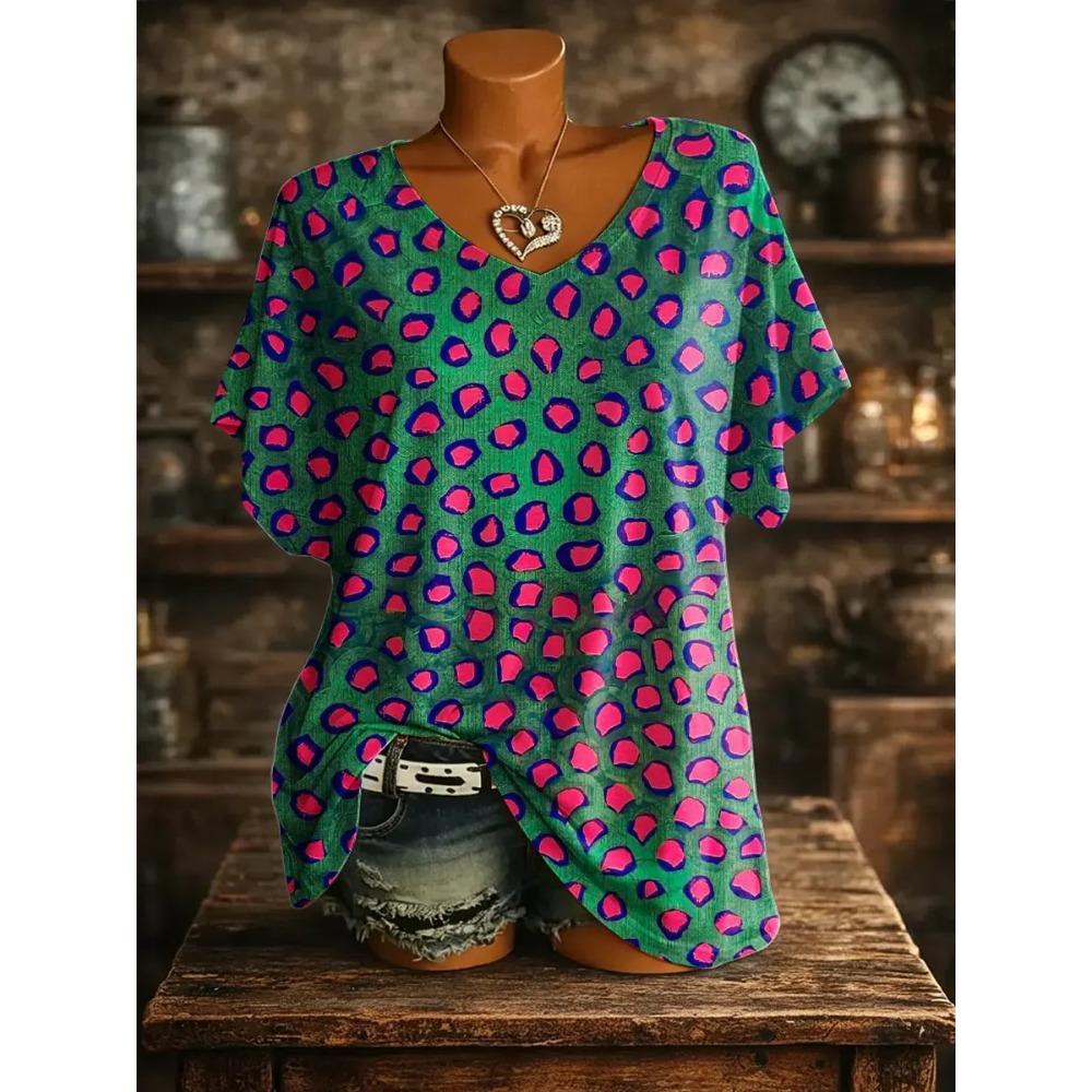 Fashionable Comfortable Oversized Breathable Women's V-neck T-shirt Colorful Creative Geometry 3D Pattern Summer Short Sleeved T-shirt