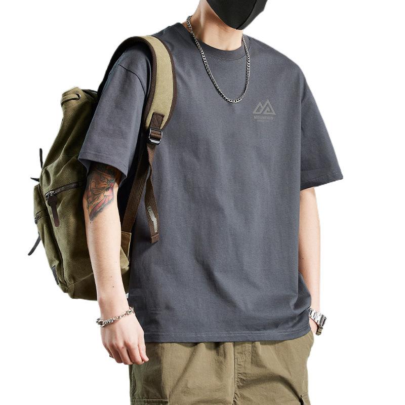 Cotton Heavyweight Summer Small Neckline Short Sleeved T-shirt for Men Solid Color Loose Trendy Tee Top