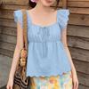Women Casual Round Neck Summer Crochet Splice Ruffles Sleeve Loose Blouse