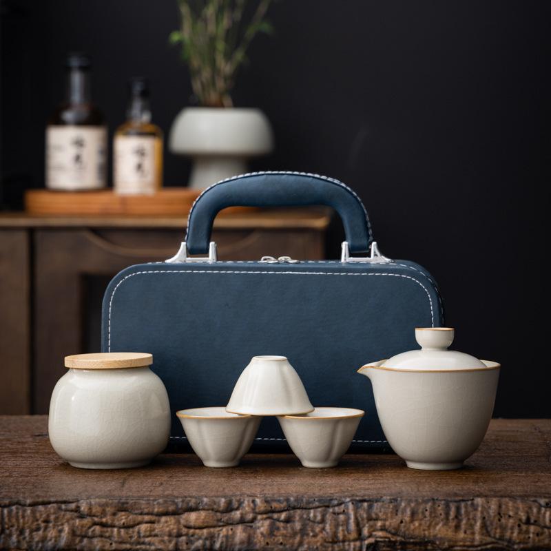 Ru Kiln Travel Set One Pot Three Cups Portable Quick Outdoor Tea Drinking Single Ceramic Teapot Cup