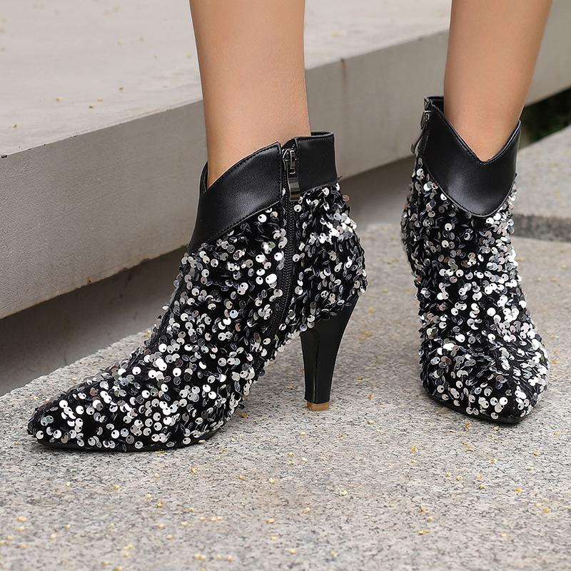 Colourful Sequin Boots Women's Bling Bling Cowboy Western Ankle Boots 8cm Heels Shoes