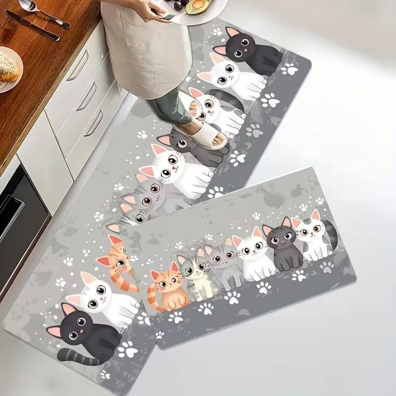Tapis de cuisine Nordic Vintage Dessiné à la main Chat Mignon Dessin Animé Antidérapant Absorbant Tapis Chemin Thème Animal Décoration de Maison 2 Pièces