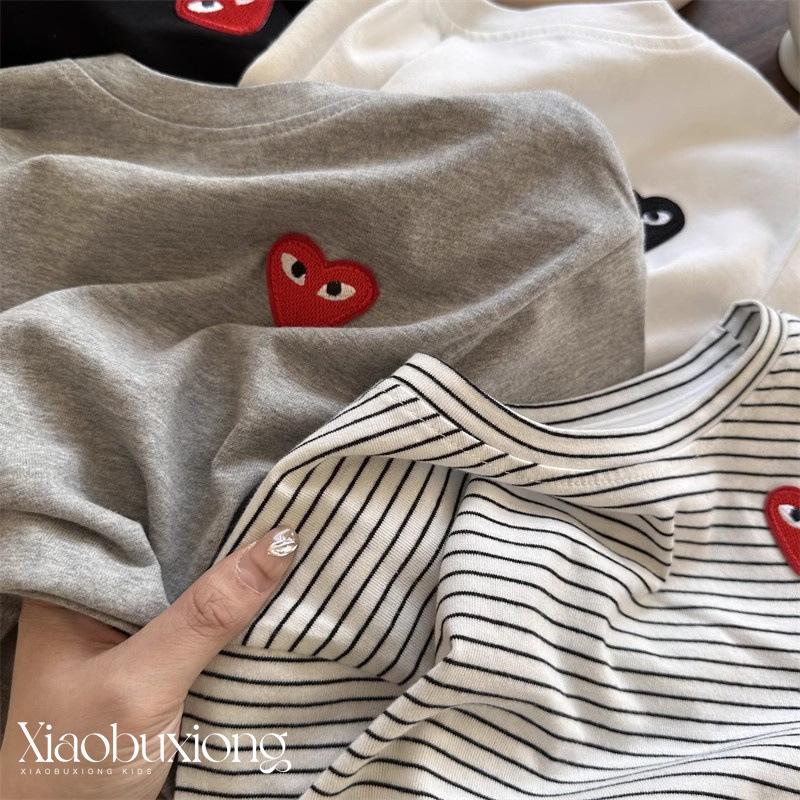 Kids Cotton Striped Heart Short Sleeve T Shirt for Boys and Girls Summer Round Neck Base Layer
