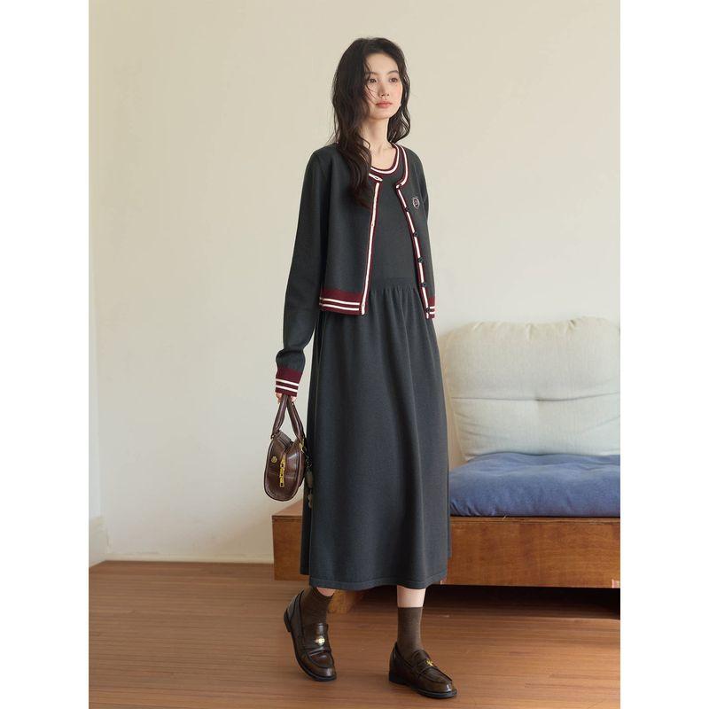 

Love Rose Plus Size Spring Set Slimming Dress with Knitted Cardigan Jacket New Style for Slightly Chubby Women Two-Piece Set Dark Gray Suit M