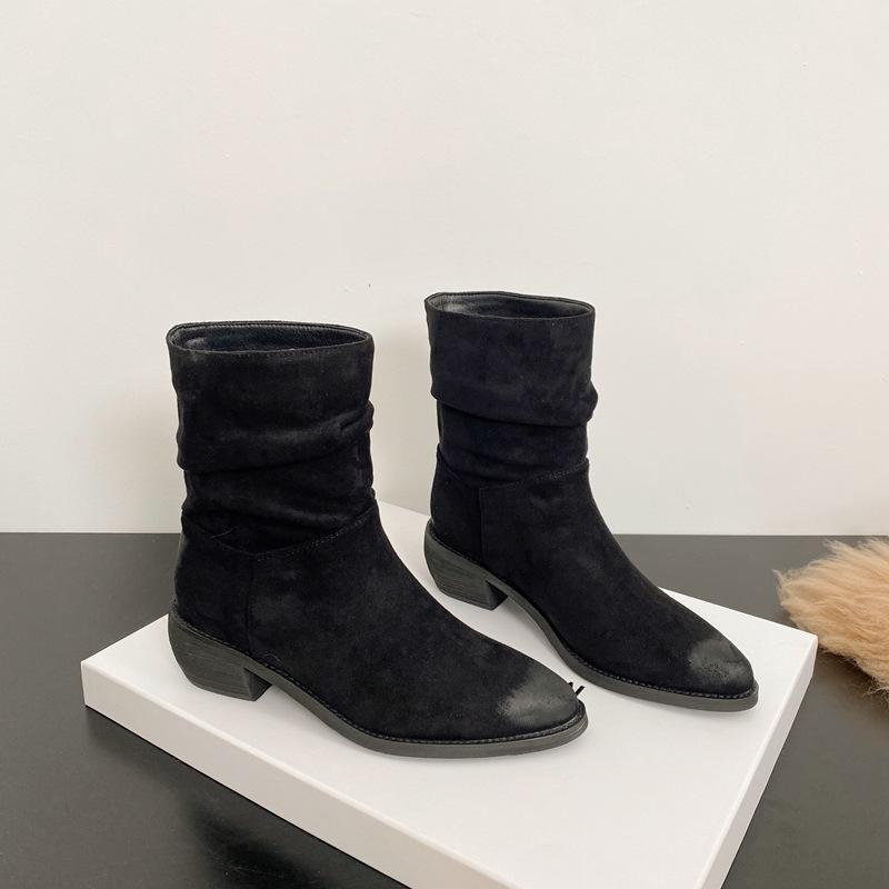

Suding Home! Coarse Heel Pointed Pile Boots 2025 Autumn New Medium Heel Sleeve Short Boots Fashion High Heel Fashion Boots 40 чёрный
