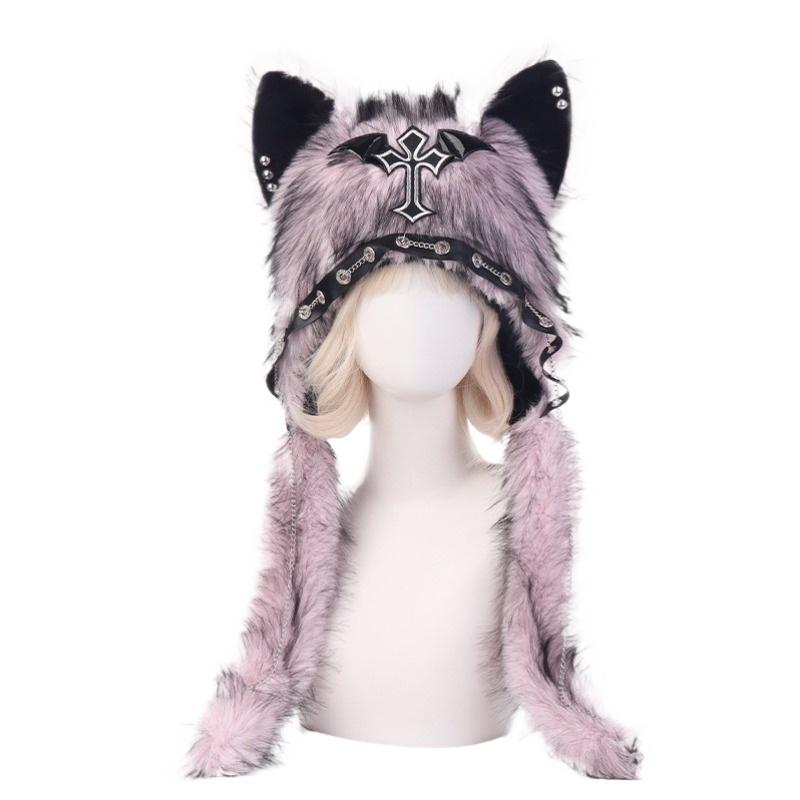 Gothic Dark Plush Cat Ear Hat Alt Subculture Punk Rock Y2K Grunge Hot Girl Fluffy Beanie for Women Winter Warm Fleece Head Cap