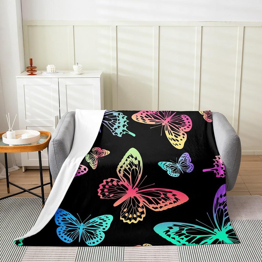Colorful Butterfly Pattern Digitalprinted Polyester Bedroom Velvet Flannel Cover Blanket Fleece Soft Cover Blankets for Beds