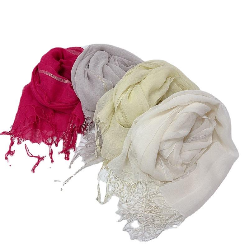 Spring And Autumn Thin Cotton And Linen Solid Color Scarf Silver Edge Shawl Long Versatile Silk Scarf Women