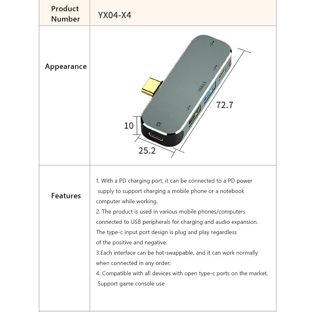 

C# Type-C Extension Hub USB3.1 USB2.0 PD PC Laptop Splitter Extender(YX04-X4)