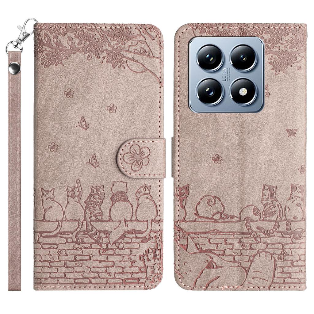 For Xiaomi 14T Pro Case with Wrist Strap Leather Phone Cover Wall Cats Pattern