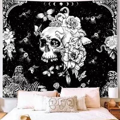 Black and White Gothic Tapestry for Bedroom Aesthetic,Skeleton Goth Witchy Tapestries Wall Hanging, Skull Floral Poster Backdrop