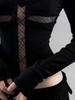 Autumn Winter Retro Black Square Neck Lace Patchwork Long Sleeve Women's Top