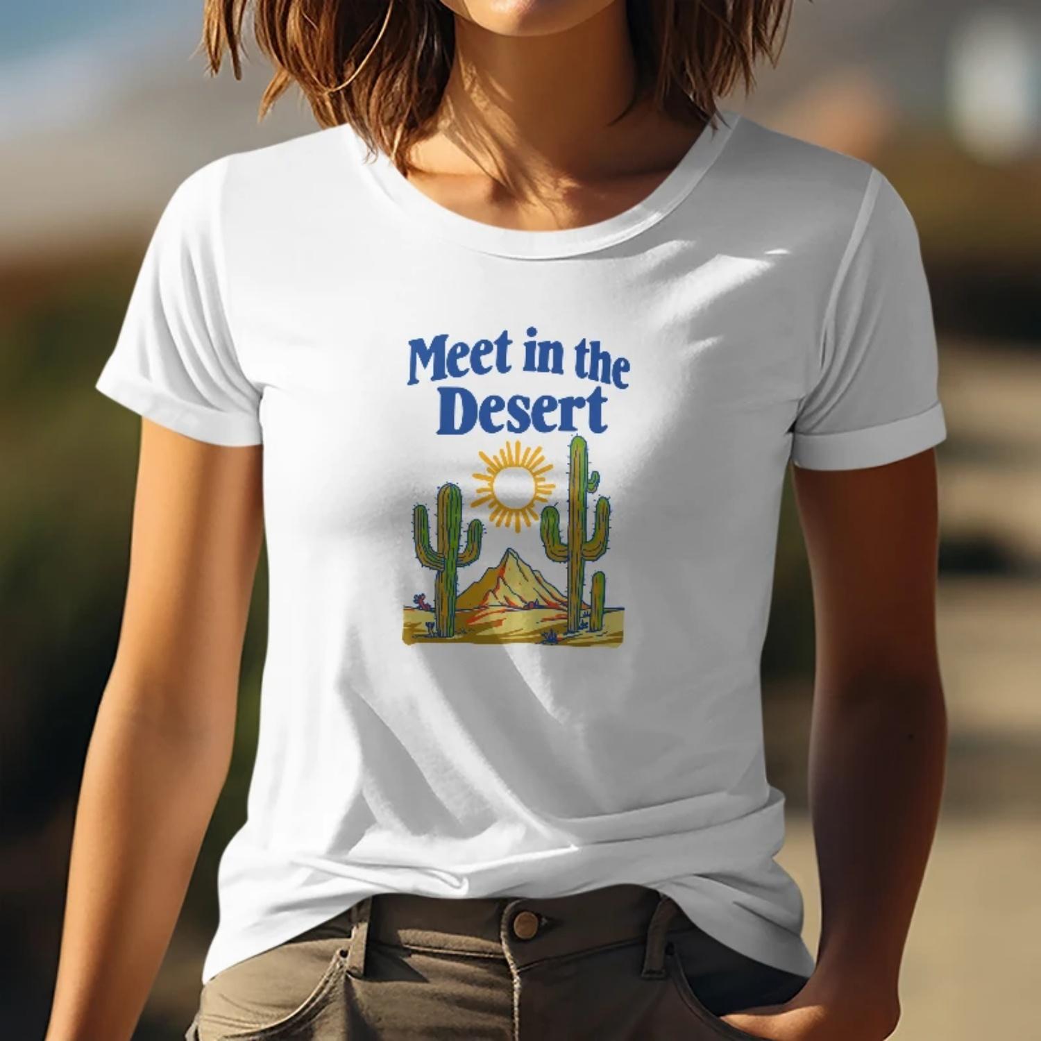 

Women s Short Sleeve T-Shirt Meet in the Desert Cactus Landscape Print for Outdoor Gatherings with a Casual Style XXXXXL білий