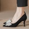 Shallow Mouth Black Single Shoes Women Pumps Pointed Toe High Heels Shiny Pearl Bowknot Rhinestone Stiletto Temperament Wedding
